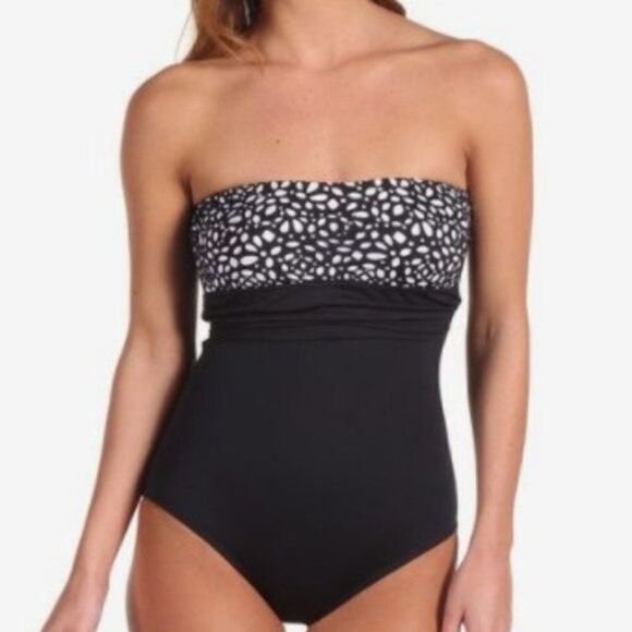 Badgley Mischka Laser Cut Bandeau One Piece Swimsuit Sz 12 - Picture 1 of 13